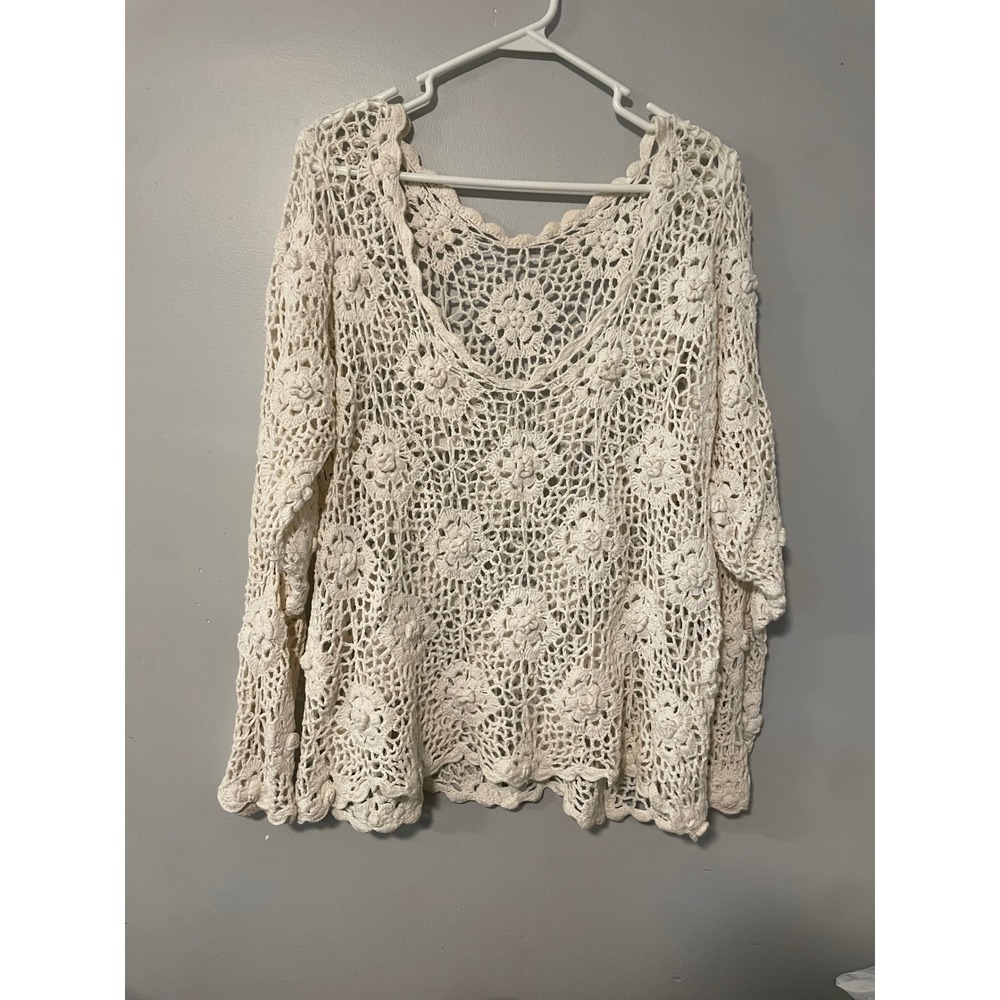 Vintage Ivory Floral Crochet Knit Sweater Long Sleeve Boho Scallop Top L